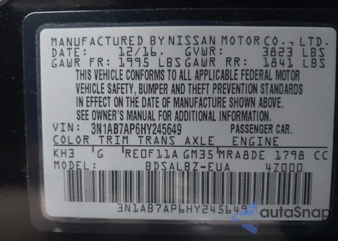 2017 Nissan Sentra S z USA, uszkodzony, nr VIN 3N1AB7AP6HY245649